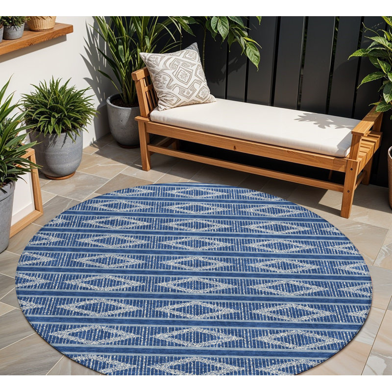 Tapis d'intérieur rond lavable géométrique 8 pi bleu marine et ivoire