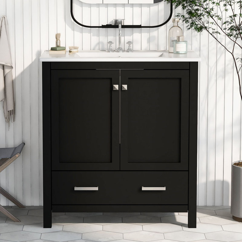Meuble-lavabo simple 30 po avec comptoir en céramique Soizic, Noir