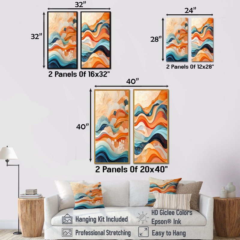 Orange Transitional Spriral Oceanic Waves I - Abstract Wall Decor 2 Panels, 40" H x 41" W, Black Floater Framed