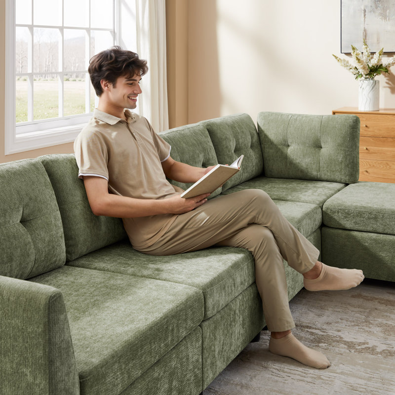 Chenille Upholstered Sectional Sofa Couch With Ottoman, Green Polyester