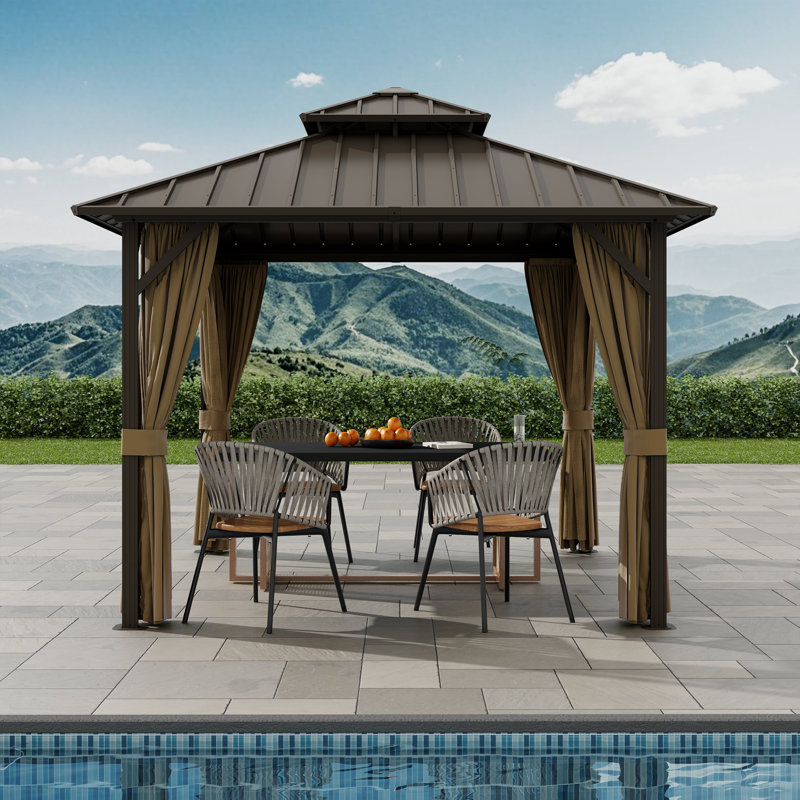 10 x 10 ft Hardtop Gazebo, Outdoor Aluminum Frame Galvanized Steel Double Roof Pavilion With Netting And Shaded Curtains, Permanent Metal Pergolas For Patio, Backyard, Deck And Lawns.