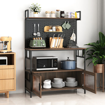 Support pour four de cuisine avec porte et four à micro-ondes, parfait pour les petits espaces de rangement, organisateur pour 2 articles suspendus, étagère en verre ajustable - compartiment en verre, finition à l'eau, particules de fer couleur noyer