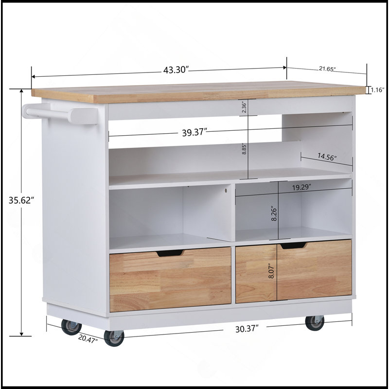Îlot de cuisine roulant avec rangement, chariot d'îlot de cuisine à deux côtés sur roulettes avec plateau en bois, support à vin et à épices, grand chariot de cuisine avec 2 tiroirs, 3 compartiments ouverts
