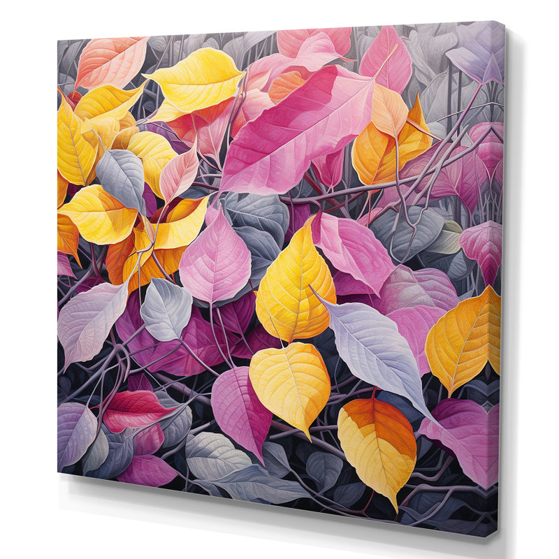Feuilles roses et jaunes en hiver, Toile tendue, 16" H x 16" W