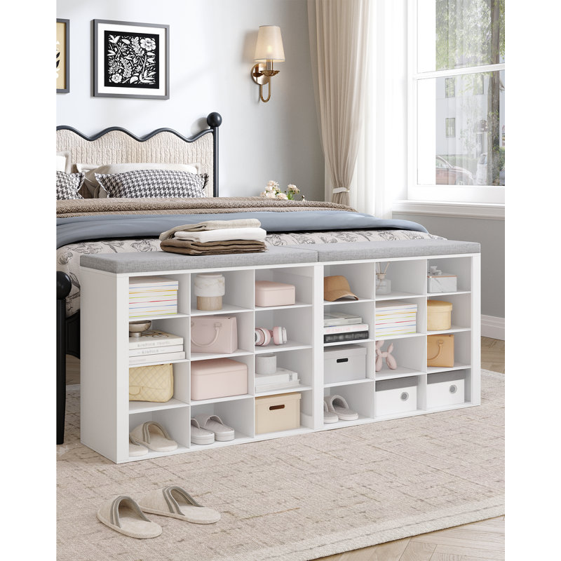 Shoe Storage Bench with Cushion, Entryway Storage Bench with 24 Cubbies, 9.5" Widened Organizer Cabinet, Long Cubby Rack for Living Room, Bedroom, Entryway, White