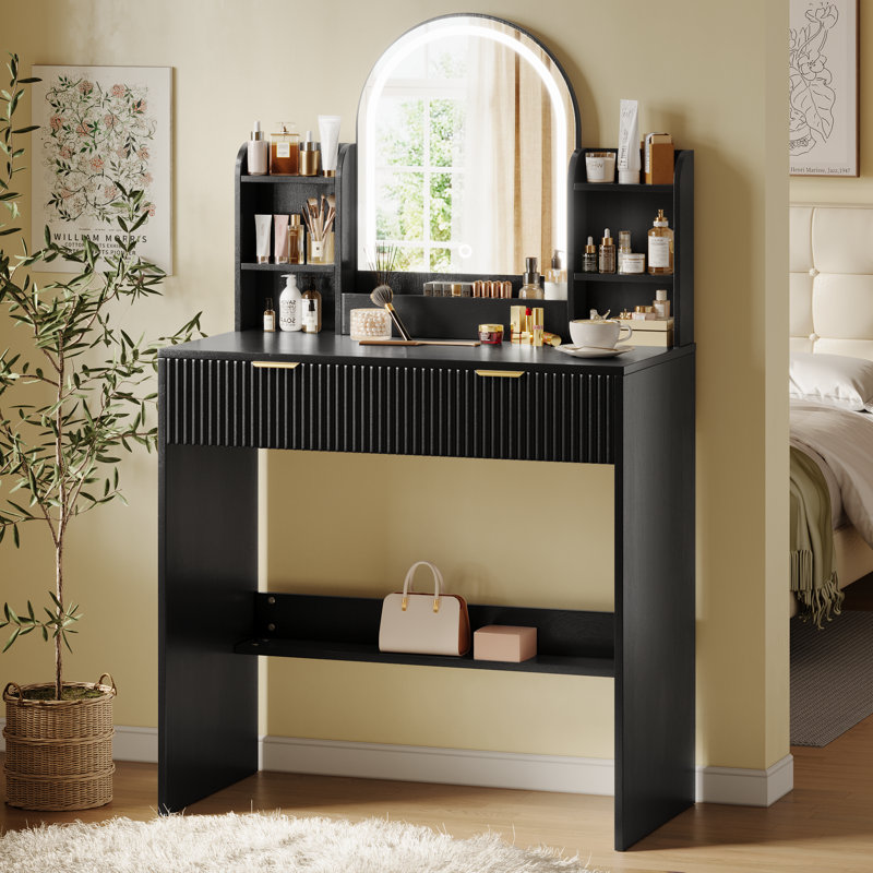 30" Fluted Makeup Vanity Desk With LED-Lit Arched Mirror, 3 Color Lights, Small Dressing Table With Drawers And Open Shelves, Black