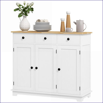 Buffets | Buffet blanc vieilli moderne avec plateau en bois massif HOMcom, 3 tiroirs | Comptoir en bois d'hévéa massif | Structure en bois d'ingénierie