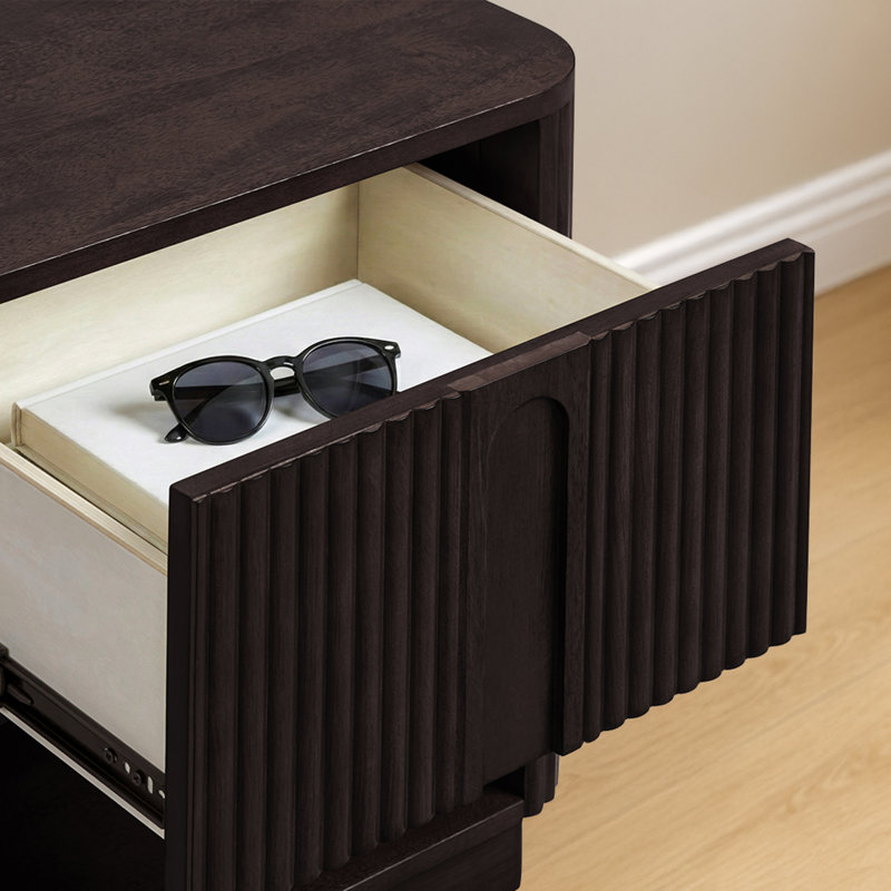 Potomac Reeding Pattern Open Shelf with 1 Push to Open Drawer Nightstand Wooden Accent, Espresso
