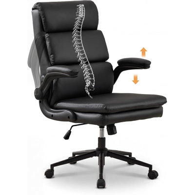 Chaise de bureau réglable, chaise de bureau de direction à dossier moyen, chaises d'ordinateur ergonomiques en similicuir avec accoudoirs rabattables rembourrés (noir)