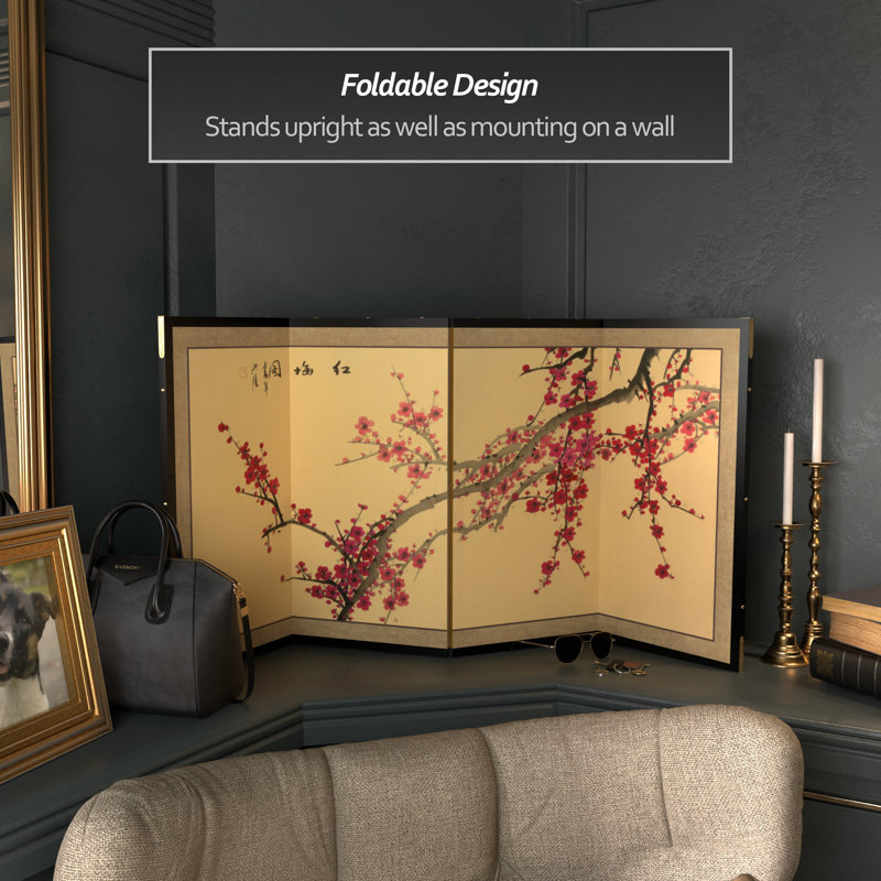 18" x 36" Blossom 4 Panel Room Divider, Yellow/Pink, 24" H x 48" W x 0.63" D