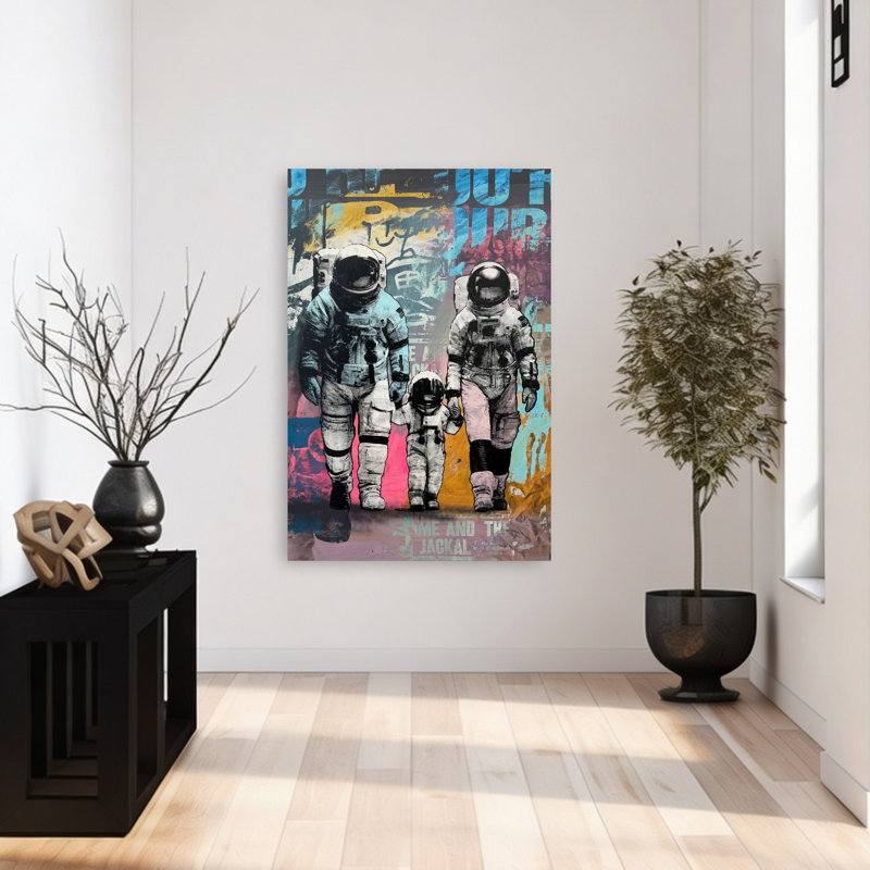 Astronaut Family Walk Colorful Contemporary Modern Urban Wall Art Print 1 Piece Wrapped Canvas Wall Art