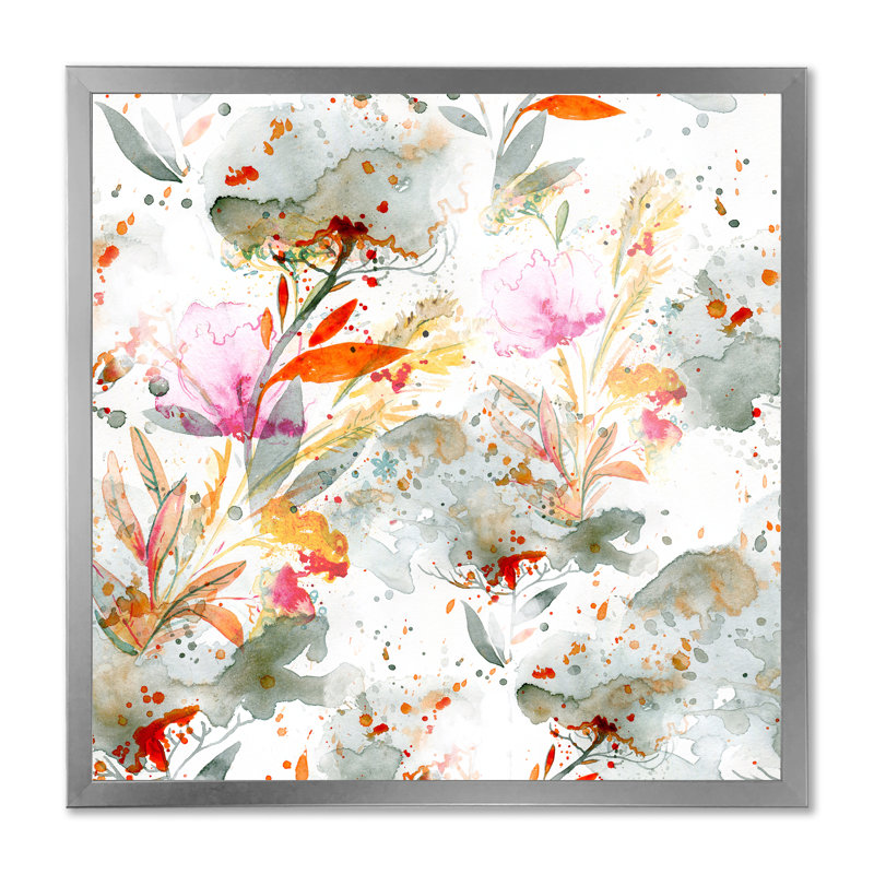Herbe et plumes en couleurs d'automne I - Peinture sur toile, H 17,5 po x l 17,5 po, Cadre argenté