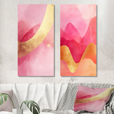 Art mural abstrait rose doré 2 pièces, décor de toile arc, Flow I contemporain - Arcs roses et dorés