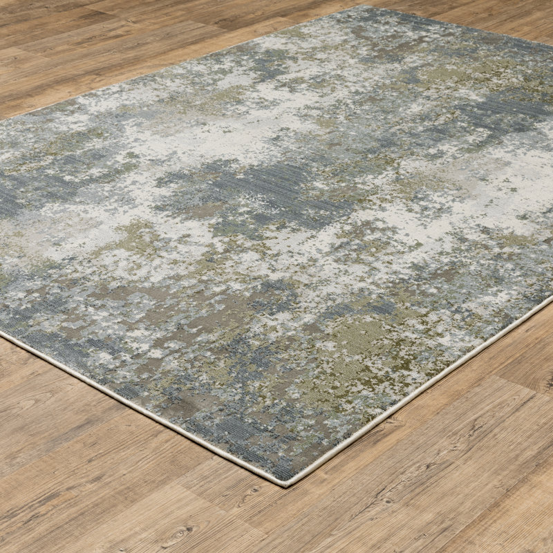 Tapis bleu / vert / ivoire Belinda, Rectangle 3 pi 3 po x 5 pi