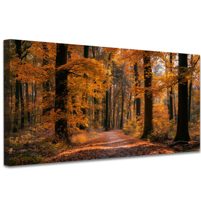  Fall Canvas Wall Art Autumn Forest Pathway Prints, Rustic Maple Leaf Woodland Pictures, Serene Harvest Painting Thanksgiving Farmhouse Artwork Decor for Living Room Bedroom Kitchen Gallery, 16x32 inches