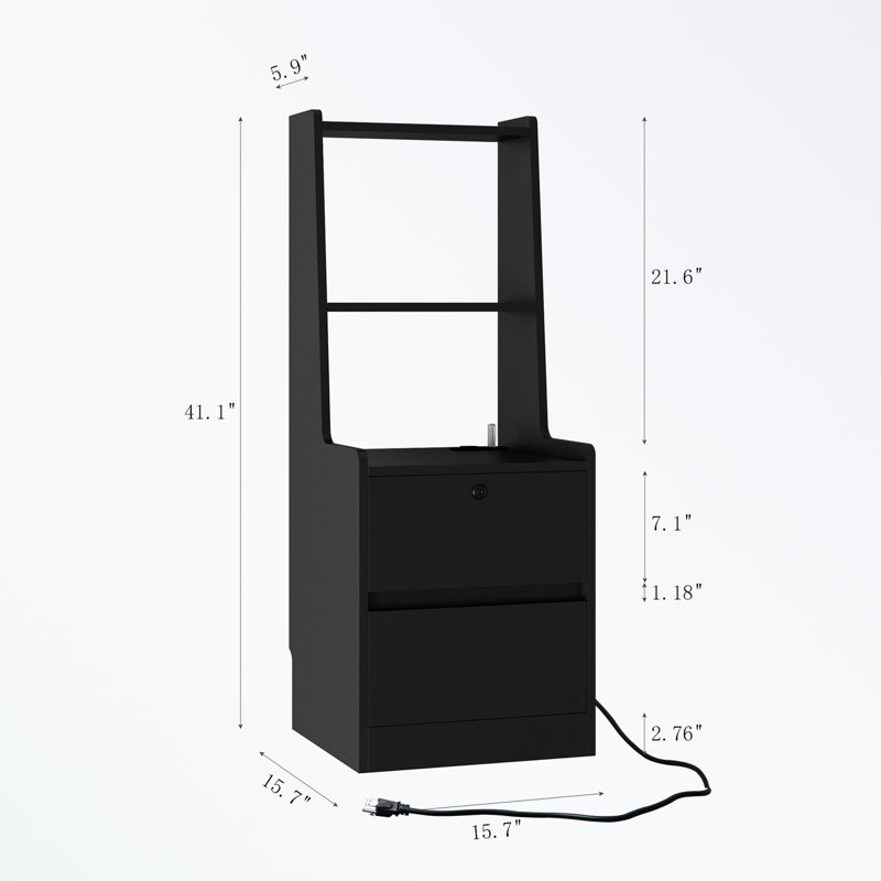 Nightstand with Charging Station, Light and Bookshelf, Black