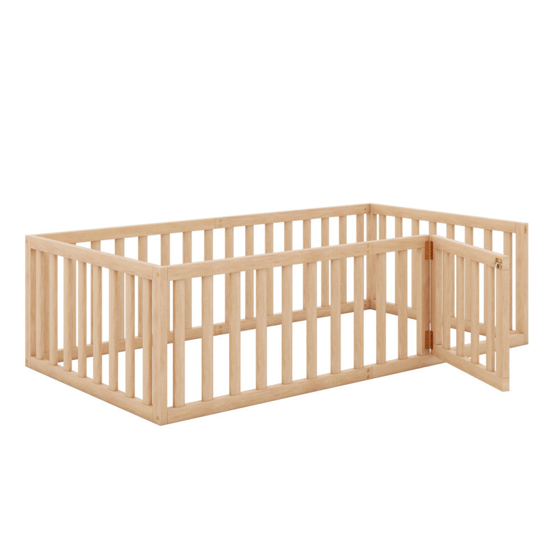 Structure de lit en bois avec clôture et porte, Lit simple, Naturel