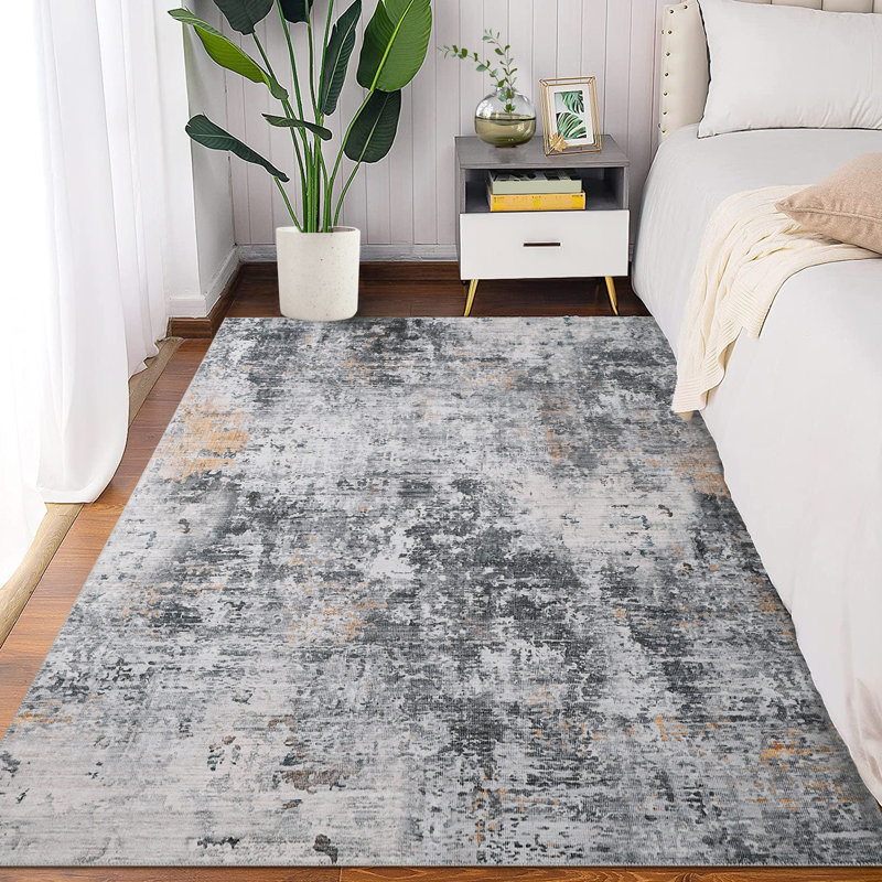 4'x6' Modern Abstract Washable Rug, Soft Non-Slip Low-Pile Non-Shedding Mat for Dining Room, Gray-Yellow, Rectangle 4' x 6'