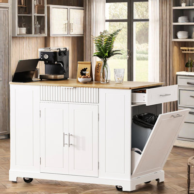 Bickley Kitchen Island With Tilt-out Trash Can, Power Outlet, Internal Storage Rack, 3 Drawers And 3 Open Side Racks by Lark Manor