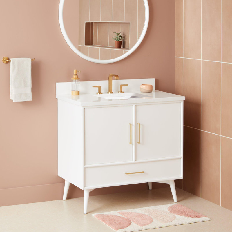 36" Novak Single Bathroom Vanity Set with Rectangular Undermount Sink, Arctic White Quartz, White, 8" Widespread