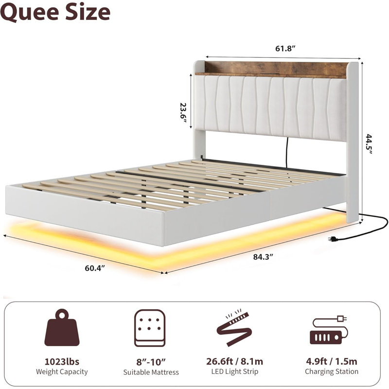 Structure de lit avec lumières DEL et station de charge, lit plateforme tapissier avec tête de lit, Grand lit, Beige