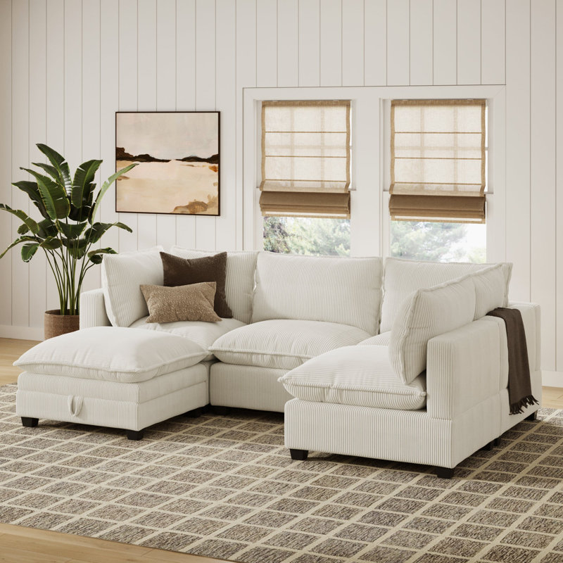 Canapé modulaire sans accoudoirs avec repose-pieds Somerdale, Velours côtelé beige