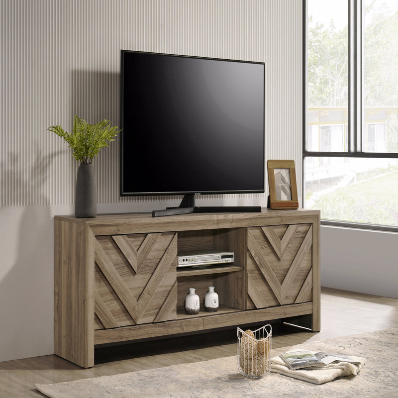 1Pc Rustic Chevron-Patterned Contemporary Traditional Interiors Entertainment Console TV Stand Living Room Furniture Light Brown Warm Wood Finish