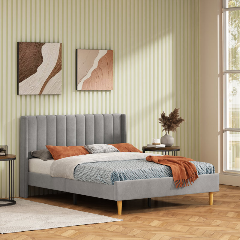Base de lit tapissier avec tête de lit à oreilles Deeb, Velours gris, Grand