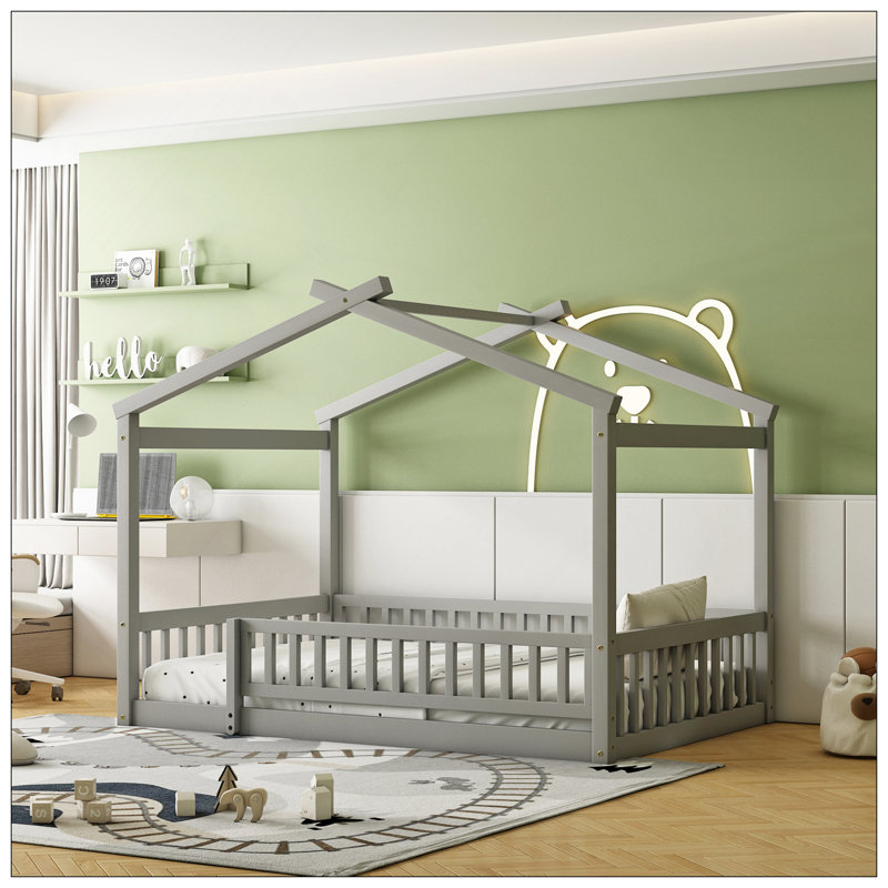 Cadre de lit en bois avec clôture, Lit double, gris