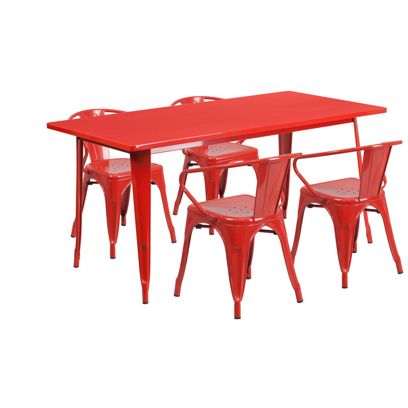 Lubron 31.5'' x 63'' Rectangular Metal Indoor-Outdoor Table Set with 4 Arm Chairs, Red, 5