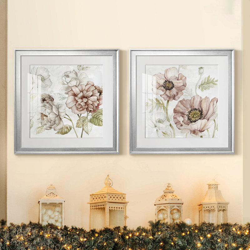 «Washed Botanical III», ensemble de 2 reproductions d'art encadrées, Blanc, Papier avec cadre argenté
