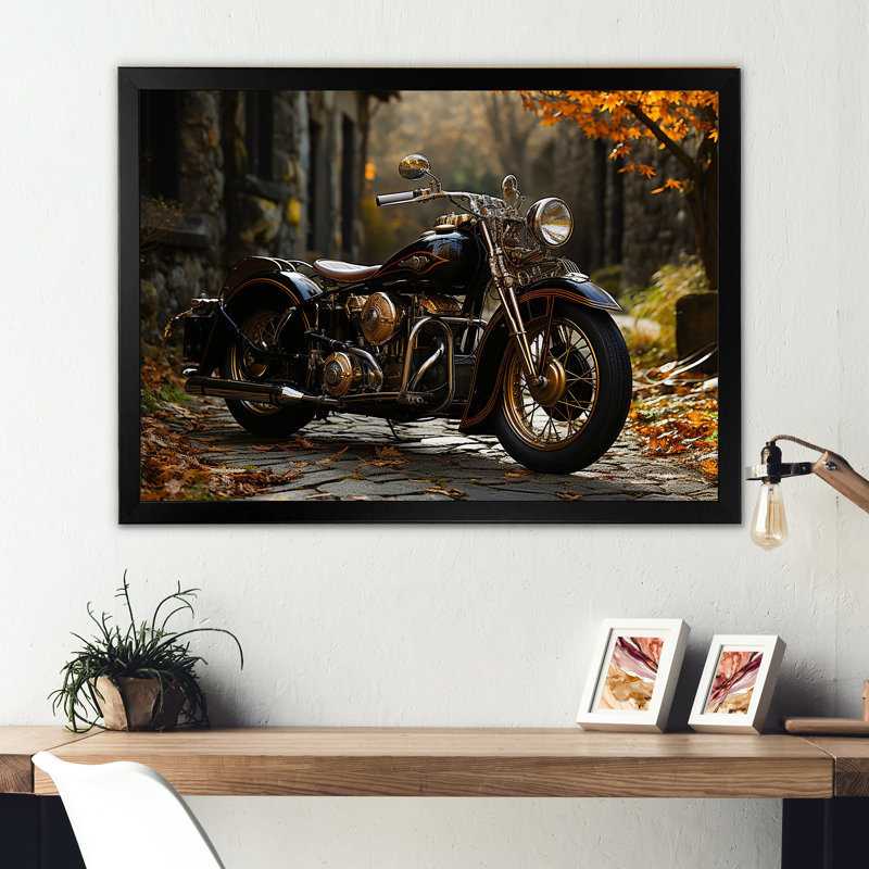 " Motorcycle Charm In Winter ", Black Picture Framed, 34" H x 44" W x 1.5" D