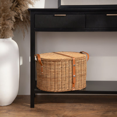 Cole and Grey Rattan Handmade Woven Brown Decorative and Functional Storage Basket with Lid and Leather Handles
