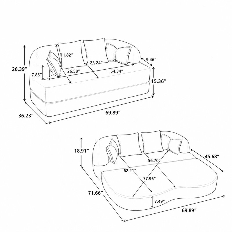 Canapé-lit de style incurvé pliable sans cadre avec coussins pour petits appartements et chambres d'amis de style moderne et minimaliste 30D