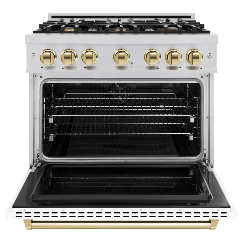 ZLINE Autograph 36" Classic Dual Fuel Range w/ Black Door & Gold Accents, White/Gold