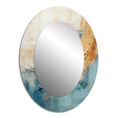 Peinture dorée et bleue Fusion I - Miroir décoratif ovale abstrait sur métal