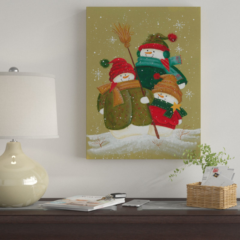 «Three Snowmen in jaquette», art sur toile, H 19 po x l 14 po x P 2 po