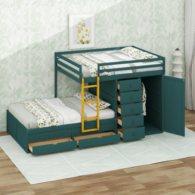 Lit superposé double avec tiroirs de rangement et garde-robe, structure de lit superposé en bois avec échelle