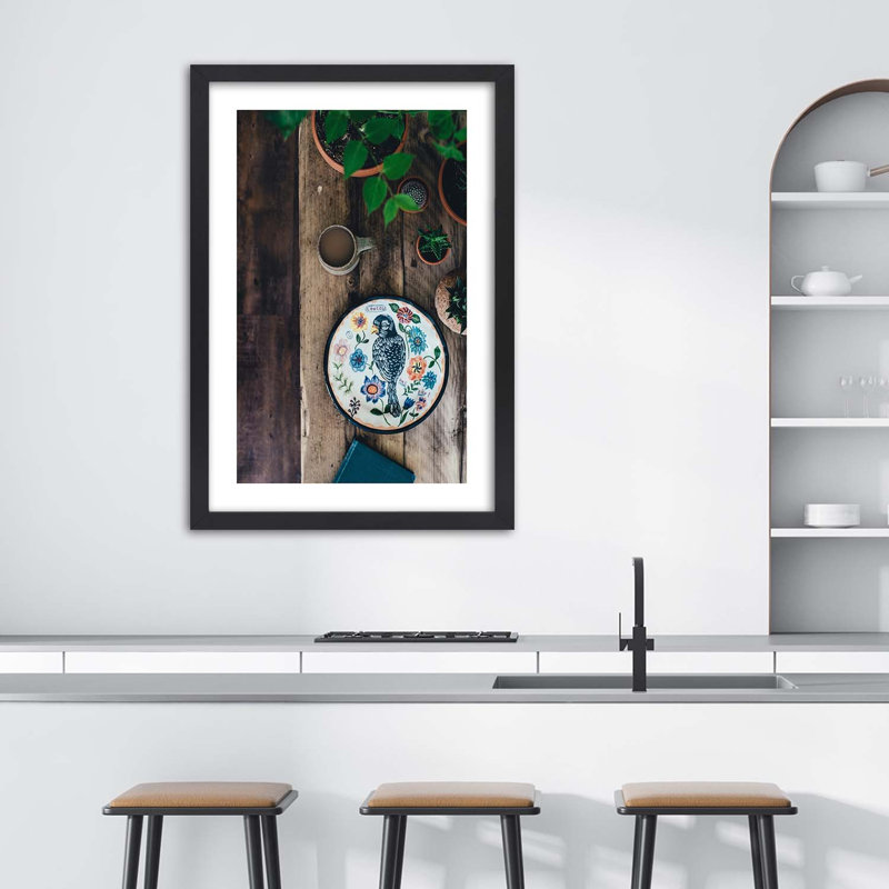 Embroidered Bird - Single Picture Frame Print, 100cm H x 70cm W, Black Framed Paper