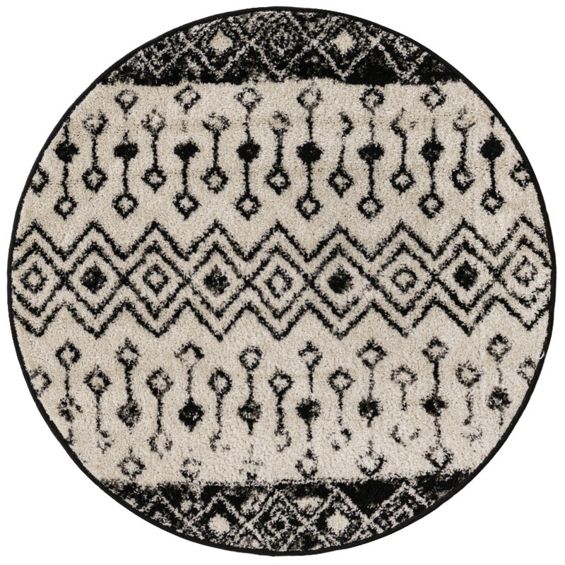 Tapis noir / blanc en polypropylène tissé à la machine Briehn, Rond 3 pi 3 po