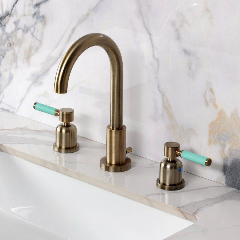 Kingston Brass Kaiser Two-Handle 3-Hole Deck Mount Widespread Bathroom Faucet with Brass Pop-Up Drain, Antique Brass