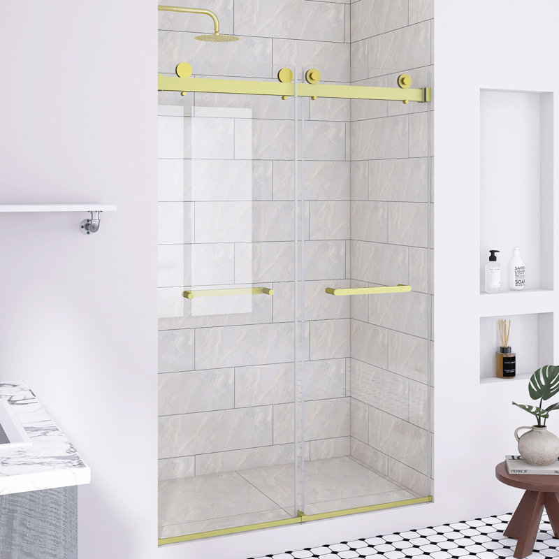 44-48 "W X 74" H Frameless Double Sliding Shower Door In Brushed Gold ｜ 5/16 "(8Mm) Tempered Glass｜ Waterproof｜Explosion Proof Film｜ Stainless Steel Handle｜Square Tube Track