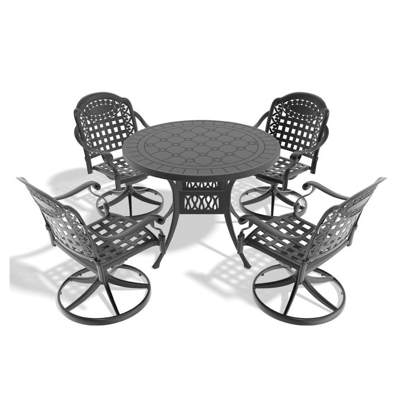 Ensemble de salle à manger 5 pièces en fonte d'aluminium avec 4 chaises pivotantes et table, noir