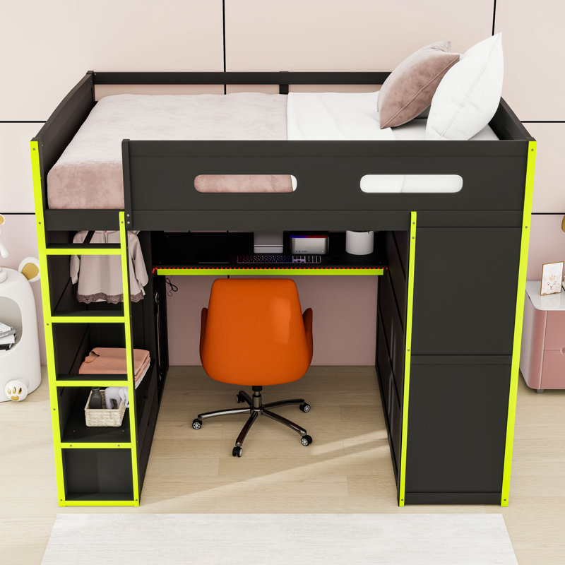Full Wooden Loft Bed With RGB LED Light, Wardrobe, USB Port And Desk, Green