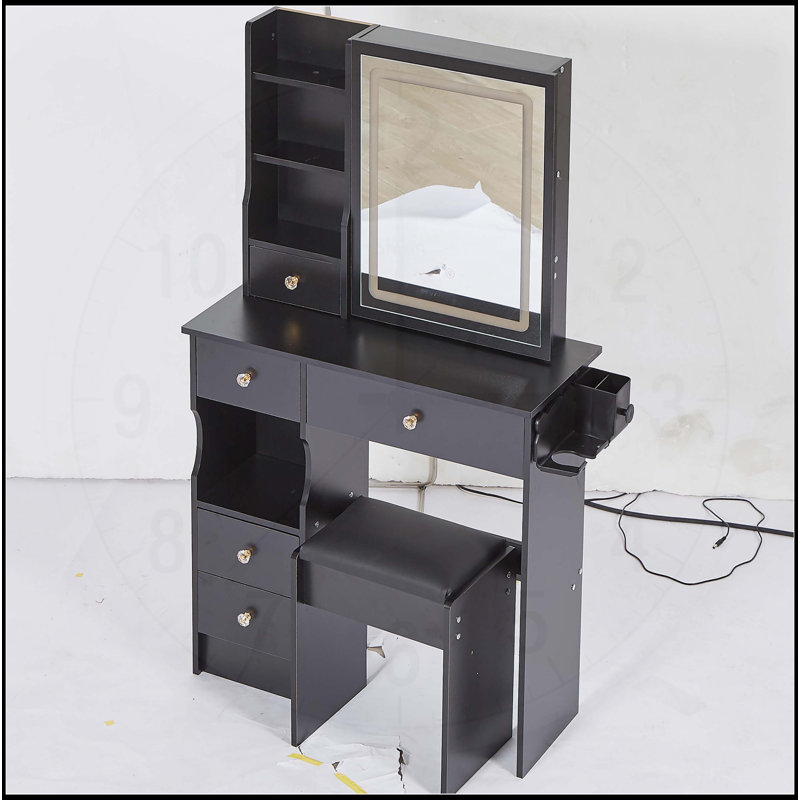 Table de coiffeuse compacte à tiroir gauche avec fonctions avancées et tabouret, Noir