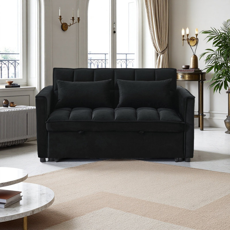 Canapé-lit convertible 3-en-1 avec fonction d'inclinaison, dossier réglable à 3 positions, canapé modulaire à 2 places avec poches latérales et coussins, velours noir de 54 po de largeur, idéal pour le salon et l’appartement