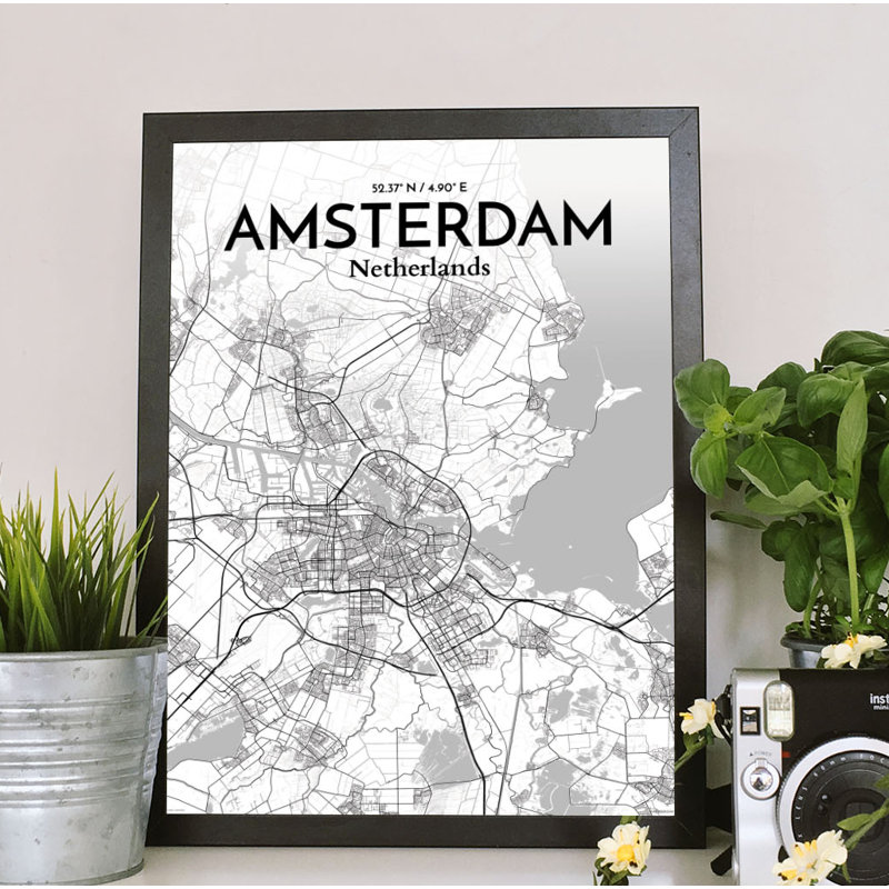 « amsterdam city map », reproduction d’impression sur affiche en tons, H 24 po x l 18 po x P 0,05 po