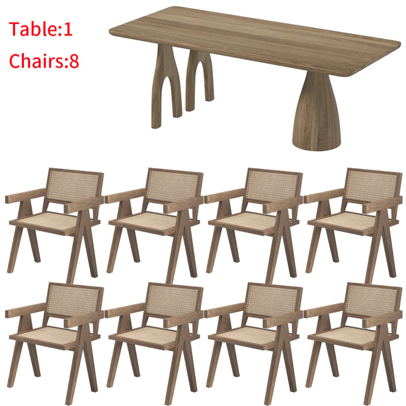 Japanese solid wood rectangular dining table set, 29.5"H x 70.8"L x 31.4"W, 9