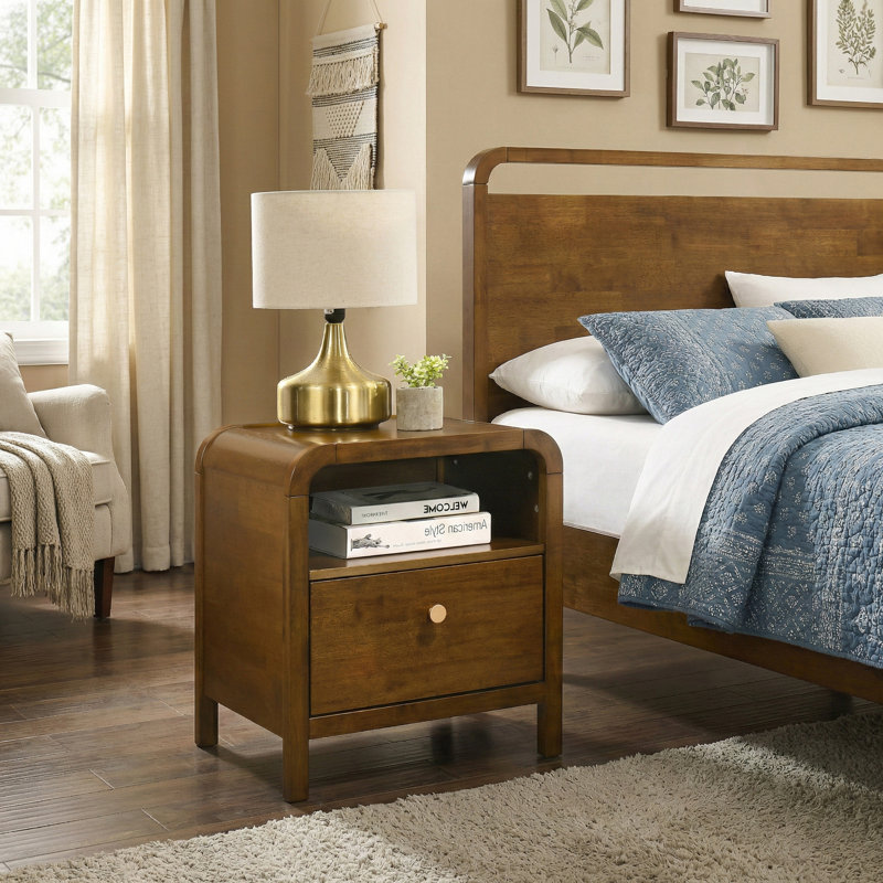 Wood Nightstand with Solid Rubberwood Frame, Walnut Finish