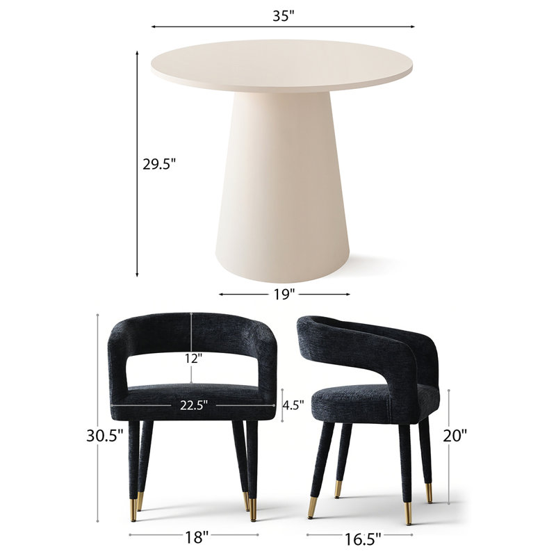 Modern 35" White Round Dining Set For 2 With Chenille Armchairs, Black